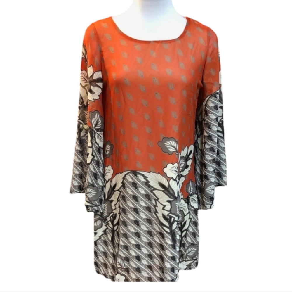 MILLIBON Burnt Orange Fall BoHo Dolman Sleeve Floral Mini Dress Size Small
